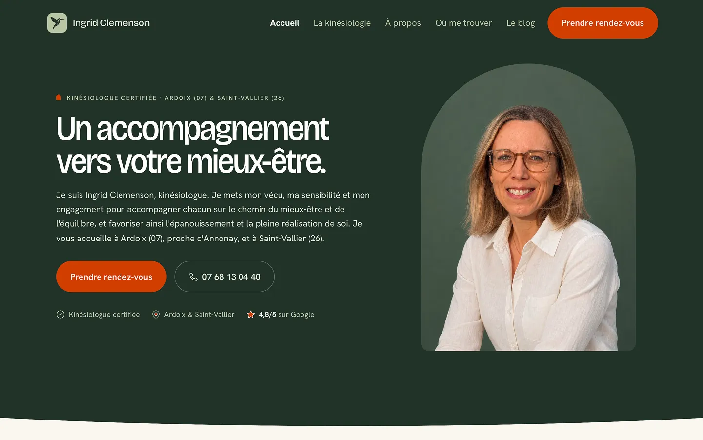 La page d'accueil : le portrait d'Ingrid Clemenson, sa présentation, le bouton de prise de rendez-vous et son numéro de téléphone.