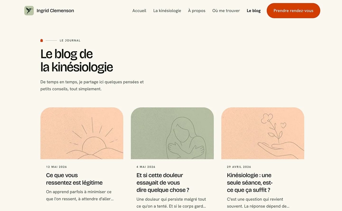 La page du blog : trois articles, chacun illustré d'un dessin au trait.