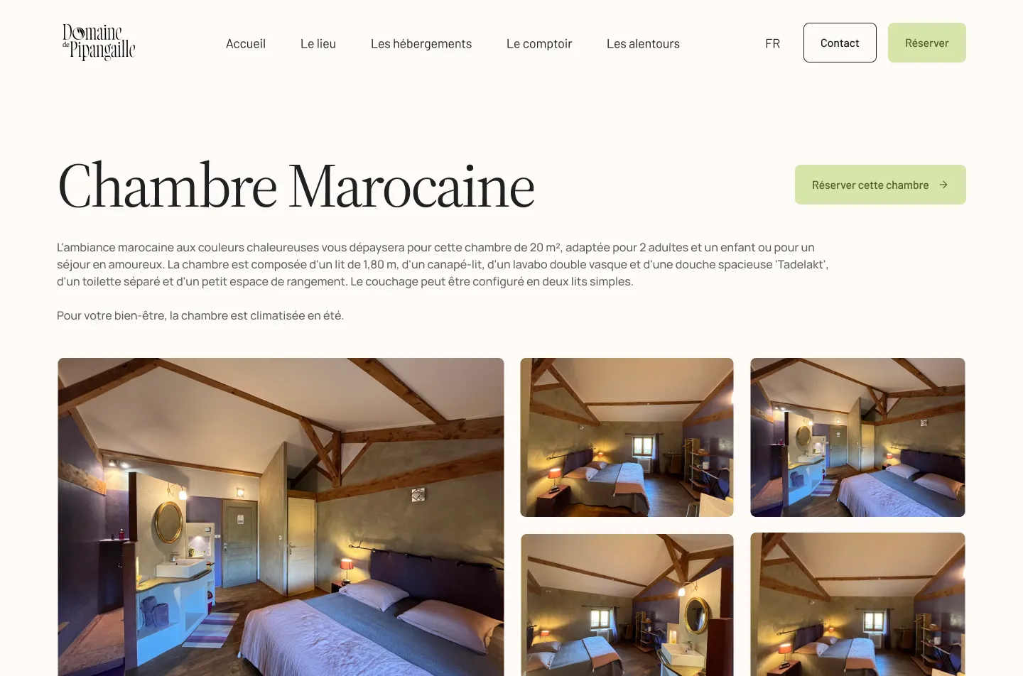 La page d'une chambre : le titre, la description et la galerie de photos.